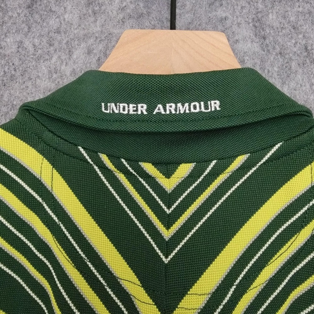 Under Armour Polo Shirt Mens Large Green Yellow Striped Performance Golf Logo - Picture 5 of 11